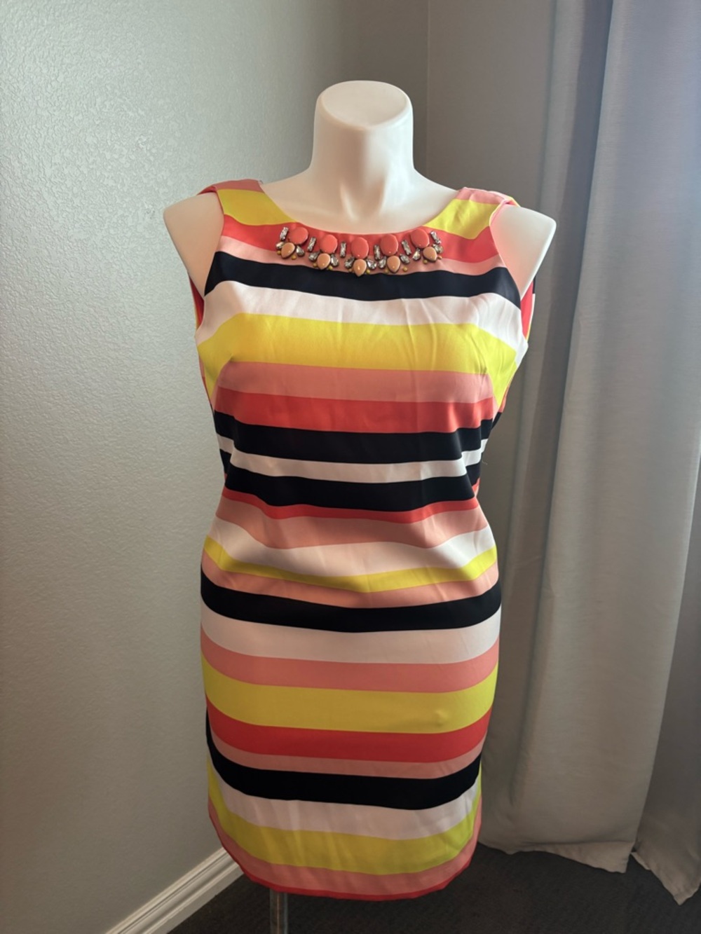 Vince Camuto Sleeveless Striped Midi Dress in Coral, Chartreuse & Brown